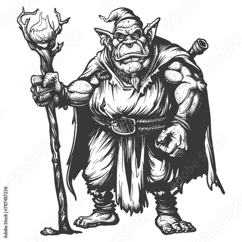 ogre mage or necromancer with magical staff images using Old engraving style