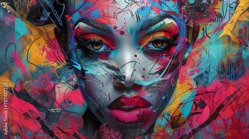 street art of colorful saturated portrait of a attractive black girl looking at the camera