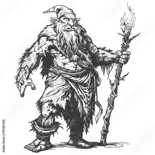 ogre mage or necromancer with magical staff images using Old engraving style