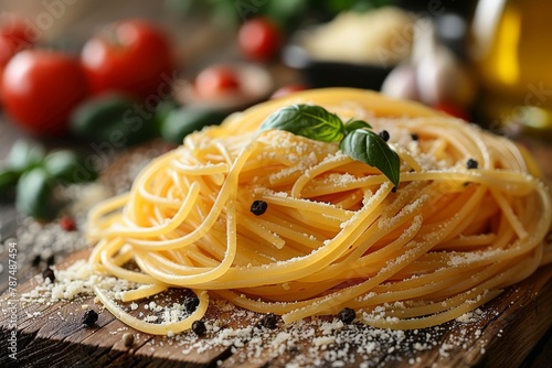 A detailed photo showing spaghetti noodles with olive oil  basil leaves  and black pepper
