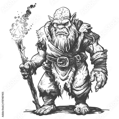 ogre mage or necromancer with magical staff images using Old engraving style