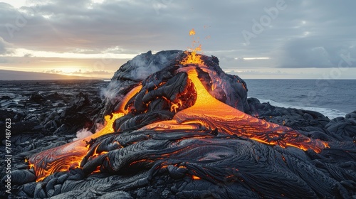 Formation of Basaltic Lava by the Ocean Coast photo