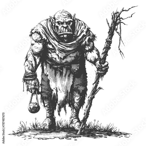 ogre mage or necromancer with magical staff images using Old engraving style