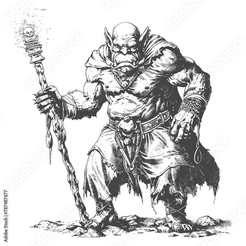 ogre mage or necromancer with magical staff images using Old engraving style