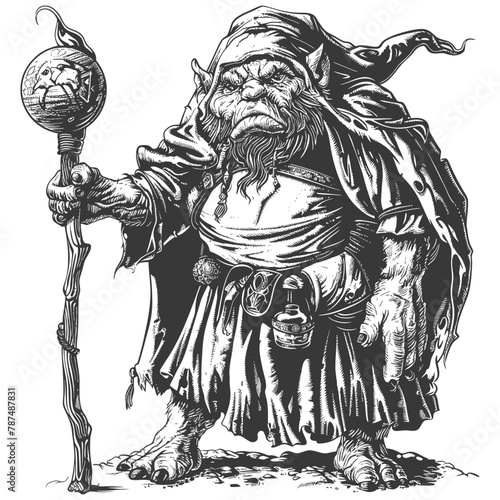 ogre mage or necromancer with magical staff images using Old engraving style