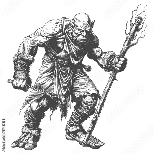 ogre mage or necromancer with magical staff images using Old engraving style