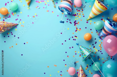 Blue Background With Balloons and Confetti