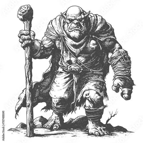 ogre mage or necromancer with magical staff images using Old engraving style