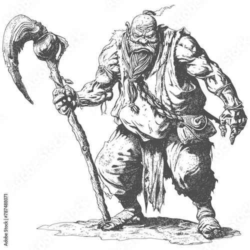 ogre mage or necromancer with magical staff images using Old engraving style