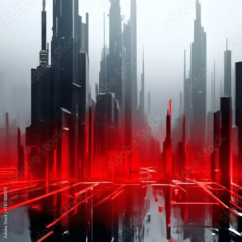  Die verdammte Stadt. Suprematistische Avantgarde, Technoart, Bauhaus, Science Fiction. Abstrakter Hintergrund in Rot-Schwarz 1. photo