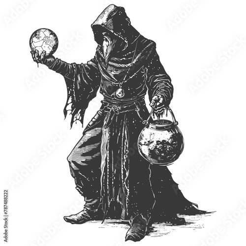 elf mage or necromancer with magical orb images using Old engraving style