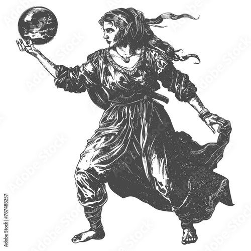 elf mage or necromancer with magical orb images using Old engraving style