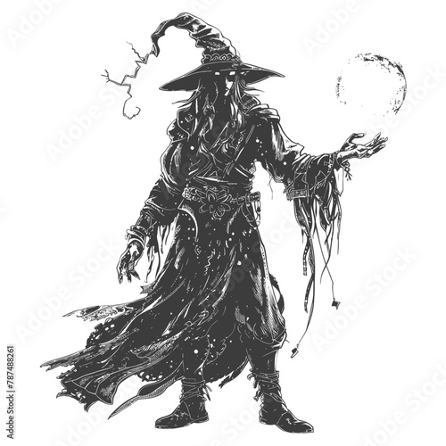 elf mage or necromancer with magical orb images using Old engraving style