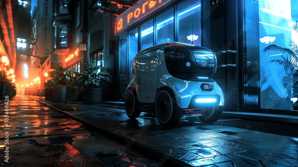 Futuristic autonomous delivery robot navigating through a neon-lit city street at night Futuristic autonomous delivery robot navigating through a neon-lit city street at night