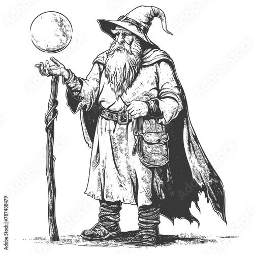 elf mage or necromancer with magical orb images using Old engraving style