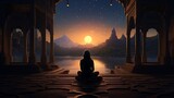 a calming AI meditation guide, transporting listeners to the serene landscapes illuminated by 