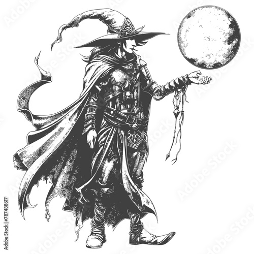 elf mage or necromancer with magical orb images using Old engraving style