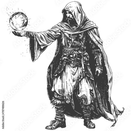 elf mage or necromancer with magical orb images using Old engraving style