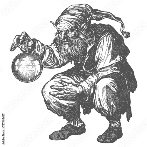 elf mage or necromancer with magical orb images using Old engraving style