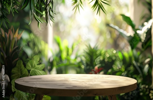 Wooden Table Surrounded by Greenery