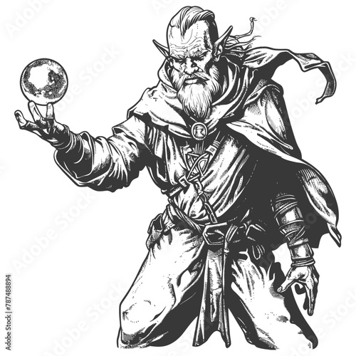 elf mage or necromancer with magical orb images using Old engraving style