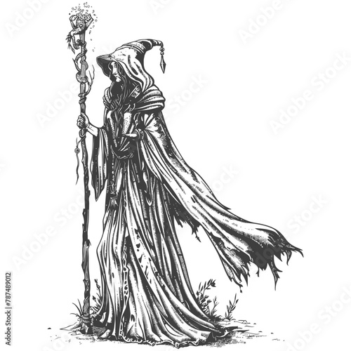 elf mage or necromancer with magical staff images using Old engraving style
