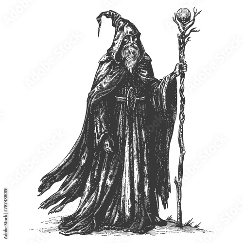 elf mage or necromancer with magical staff images using Old engraving style