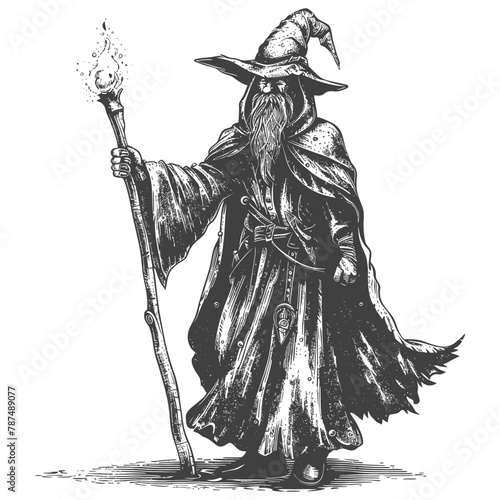 elf mage or necromancer with magical staff images using Old engraving style