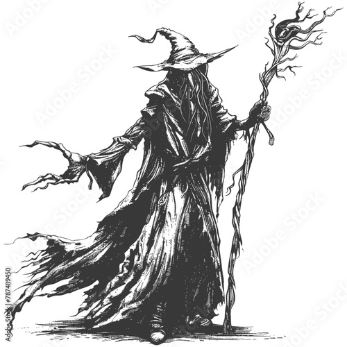 elf mage or necromancer with magical staff images using Old engraving style