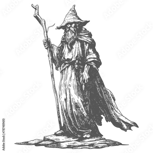 elf mage or necromancer with magical staff images using Old engraving style