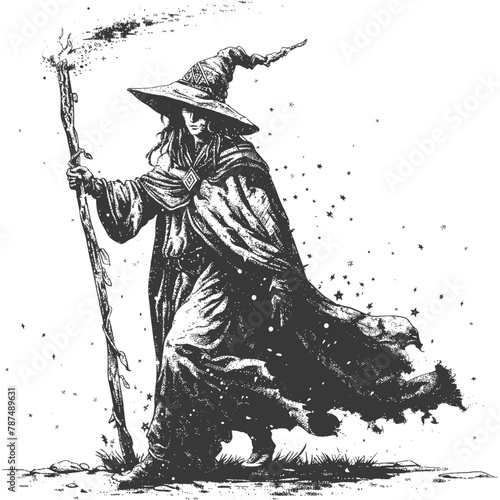 elf mage or necromancer with magical staff images using Old engraving style