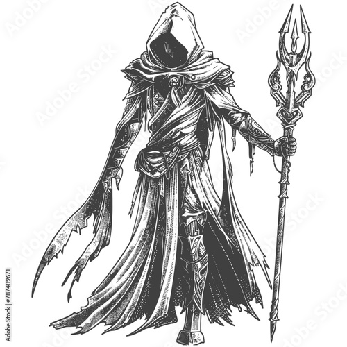 elf mage or necromancer with magical staff images using Old engraving style