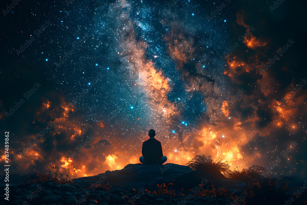 Serene Meditation: Orange Aura Glows under the Night Sky Serene Meditation: Orange Aura Glows under the Night Sky
