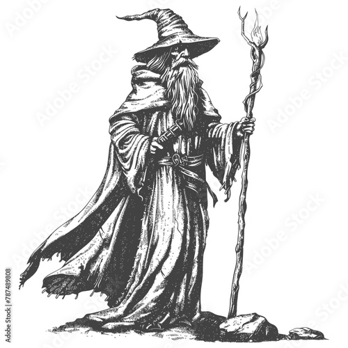 elf mage or necromancer with magical staff images using Old engraving style