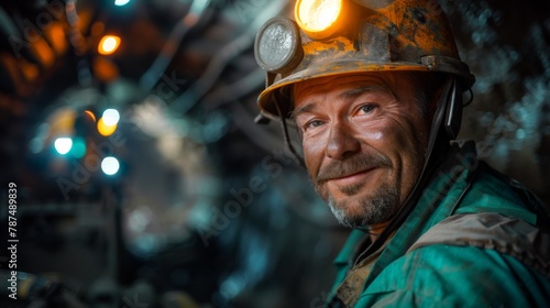 Friendly coal miner with a warm smile posing in the mine with lights in the background
