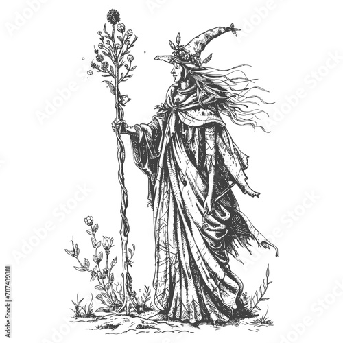 elf mage or necromancer with magical staff images using Old engraving style
