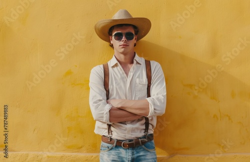 Man Wearing Hat and Sunglasses Standing in Front of Yellow Wall