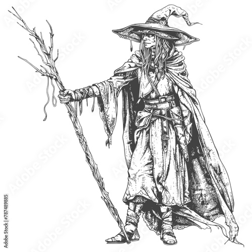 elf mage or necromancer with magical staff images using Old engraving style