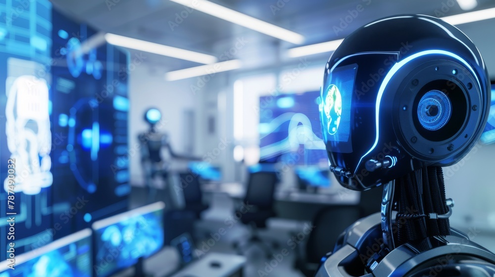 Advanced disaster response robot in high-tech facility with futuristic interface Advanced disaster response robot in high-tech facility with futuristic interface