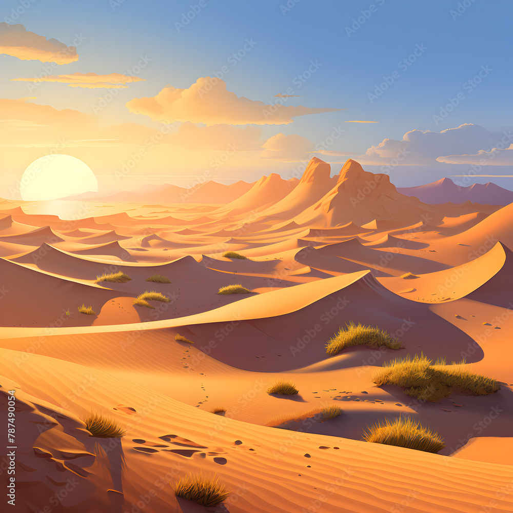 Illustration of mysterious dune desert landscape background at sunset