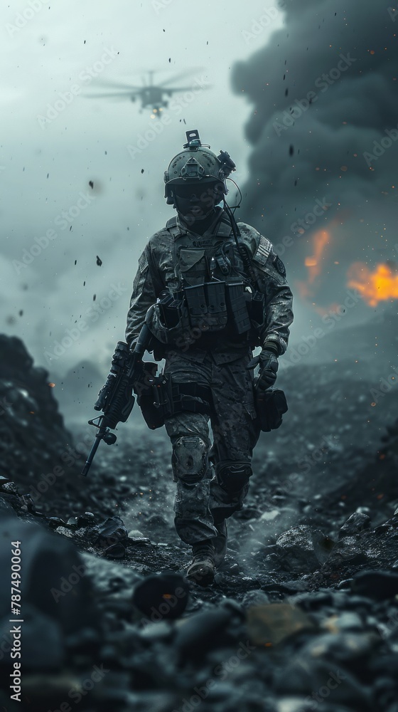 Fototapeta premium Soldier on the Battlefield with Dark Colors