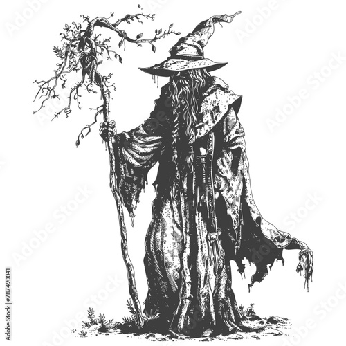 elf mage or necromancer with magical staff images using Old engraving style