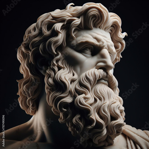 Male statue of a Roman deity, muscular Zeus with lightning in his hands in Olympus.