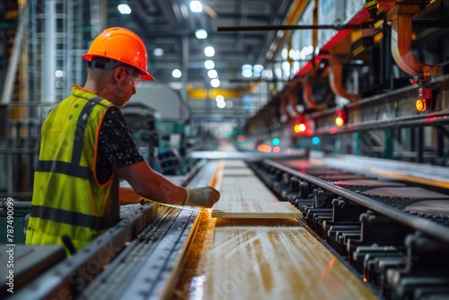 Industrial worker feeding timber into a cutting machine at manufacturing plant