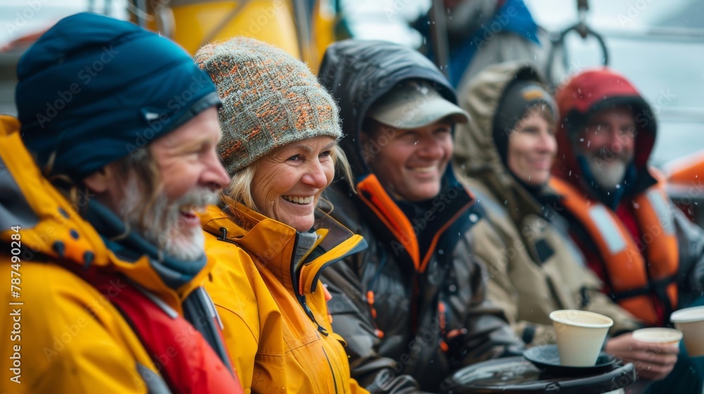 Smiling fishermen taking a break with warm drinks in cold weather Smiling fishermen taking a break with warm drinks in cold weather