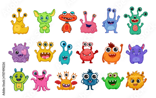 Big set of cartoon monsters. Cute monsters. Kids funny character design for posters, cards., magazins. Vector illustration
