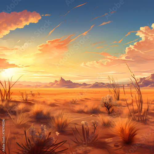 Illustration of dried plants in the desert dune at sunset