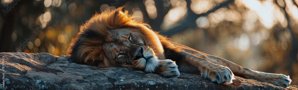 Naklejka premium A lion with a majestic mane laying down on a rock in its natural habitat