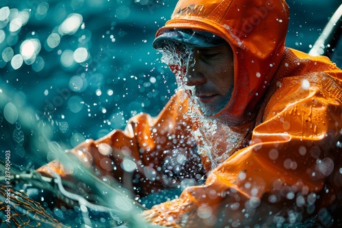 Focused fisherman at sea handling fishing nets among sparkling waves