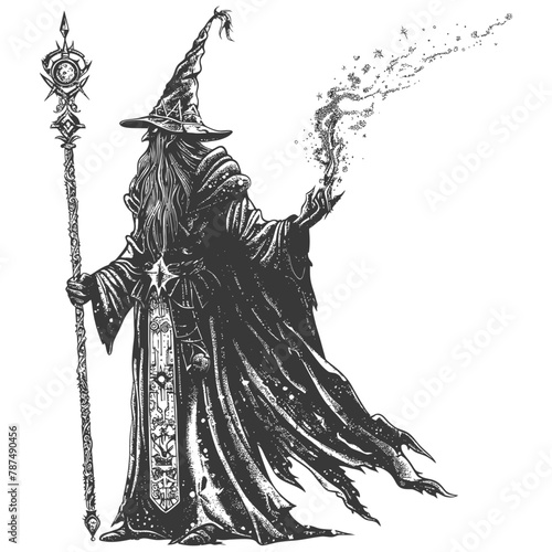 elf mage or necromancer with magical staff images using Old engraving style